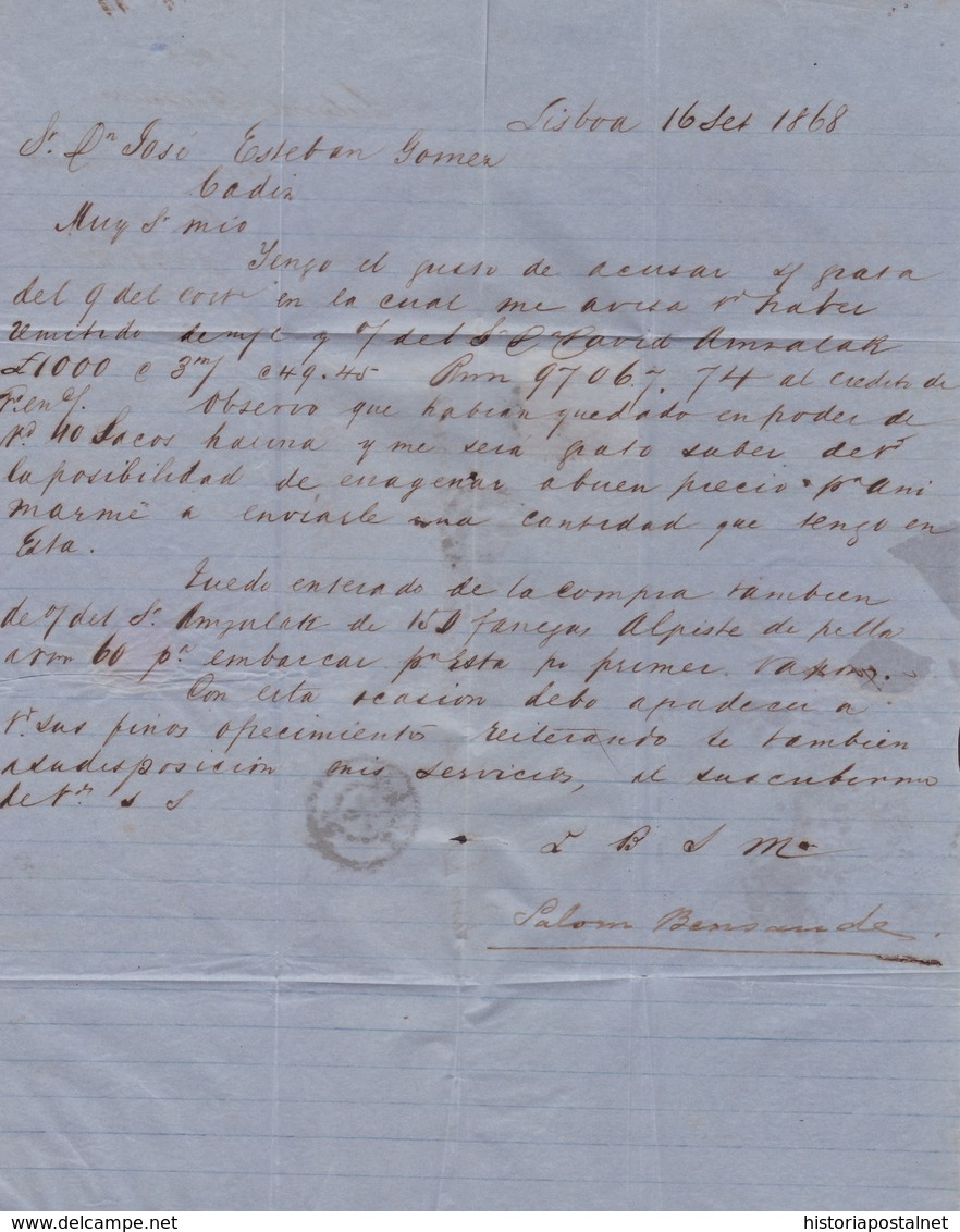 1868. LISBOA A CÁDIZ. 25 REIS ROJO MAT. NUMERAL 1. FECHADOR Y MARCA REMITENTE. LLEGADA MARCA CADIZ/FRANCO. - Sonstige & Ohne Zuordnung