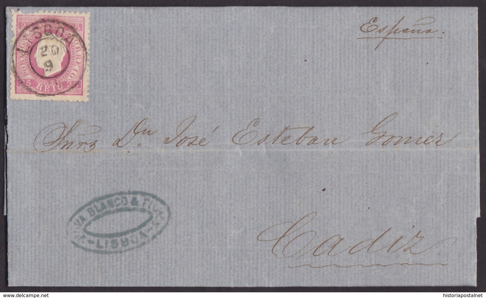 1879. LISBOA A CÁDIZ. 25 REIS ROJO MAT. FECHADOR NEGRO DE LISBOA. MARCA DEL REMITENTE. AL DORSO LLEGADA. MUY INTERESANTE - Autres & Non Classés