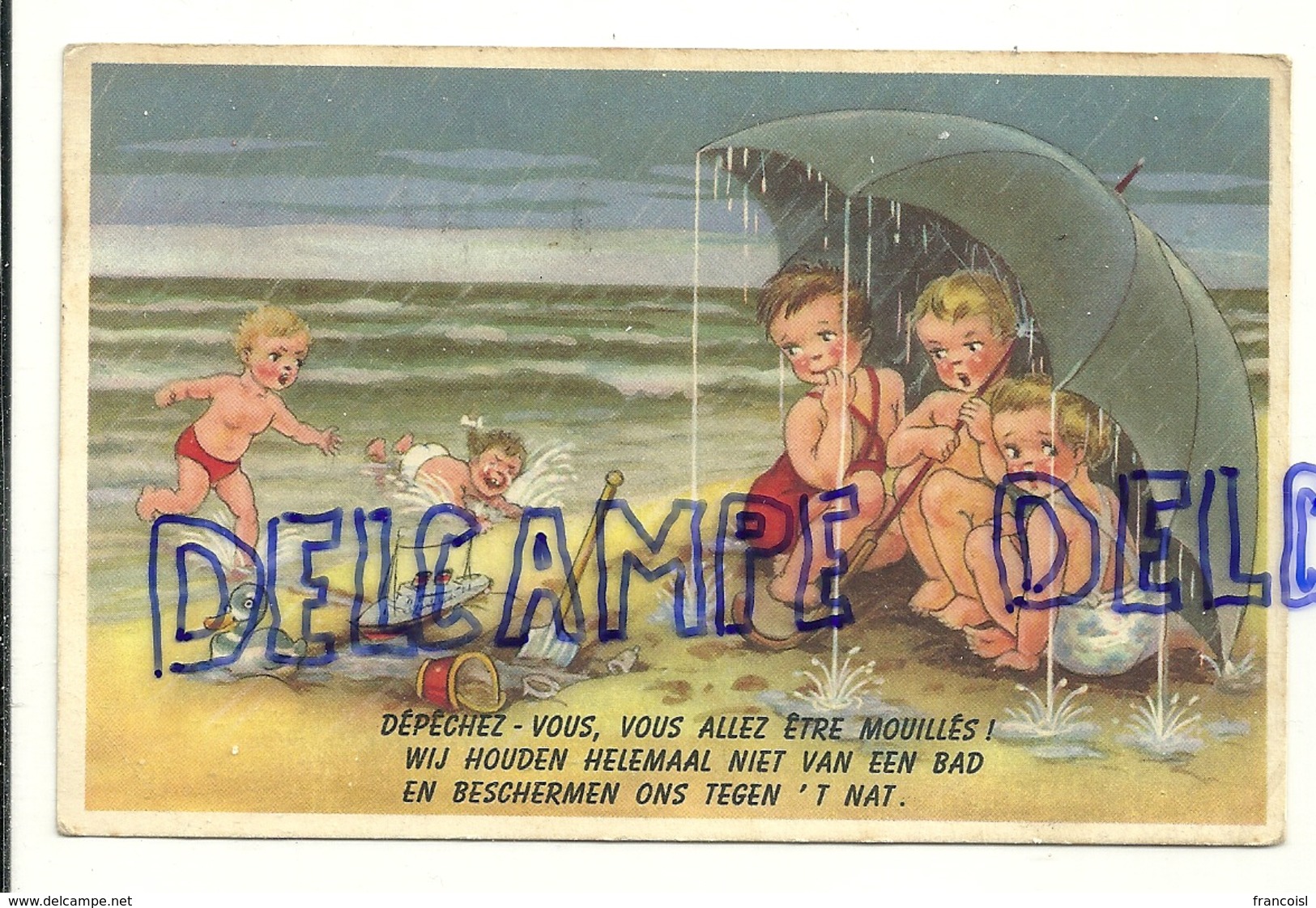 Humour Plage. Enfants à La Plage. Pluie Et Parapluie "Dépêchez Vous, Vous Allez être Mouillés". 1957. Coloprint 700/4 - Hedendaags (vanaf 1950)