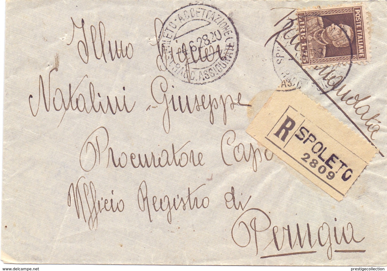 SPOLETO REGISTRED MAIL COVER  ASSICURATI 1928  (FEB200326) - Versichert