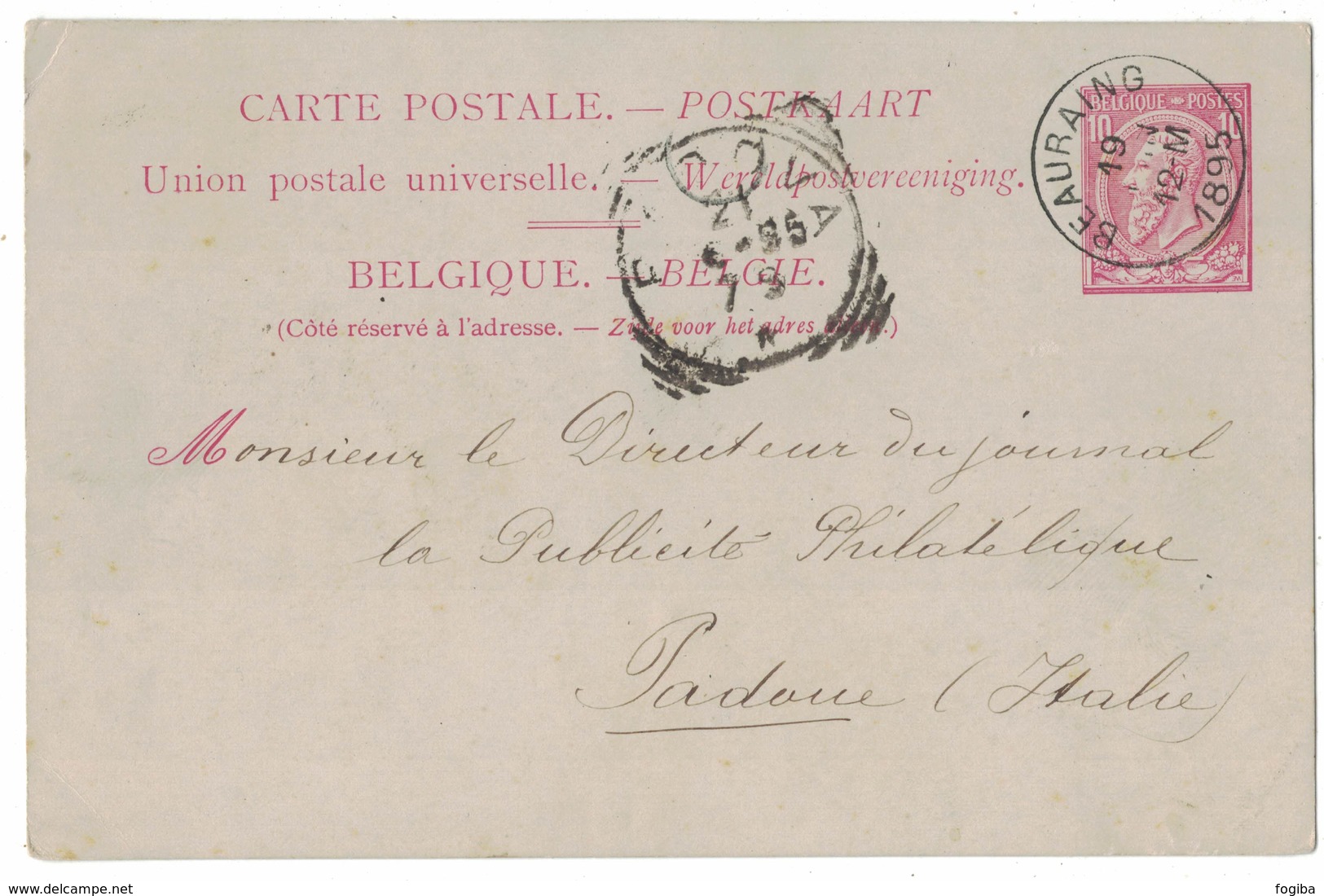 IZ105    Belgique. Belgie 1895  Entier Postal Beauraing To Padova - Cartoline 1871-1909