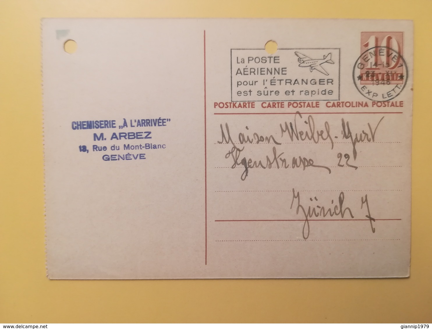 1946 INTERO CARTOLINA POSTCARDS SVIZZERA ANNULLO GENEVE HELVETIA SUISSE POSTKARTE CARTE POSTALE ETICHETTA - Interi Postali