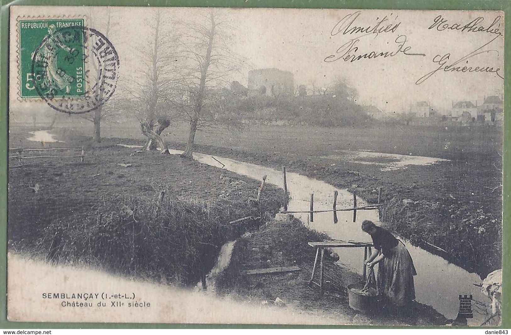 CPA Dos Précurseur - INDRE ET LOIRE - SEMBLANCAY - VIEUX CHATEAU ET LAVEUSE AU BORD DE LA PETITE CHOISILLE - - Semblançay