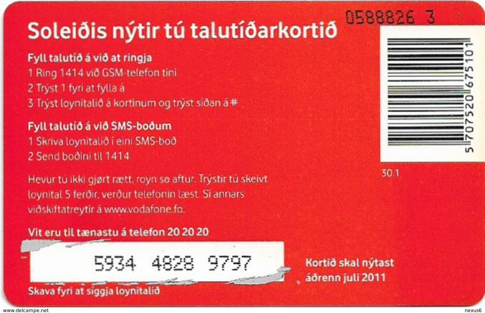 Faroe - Vodafone - Frælsi Vodafone, 50Kr. GSM Refill, Used - Faroe Islands