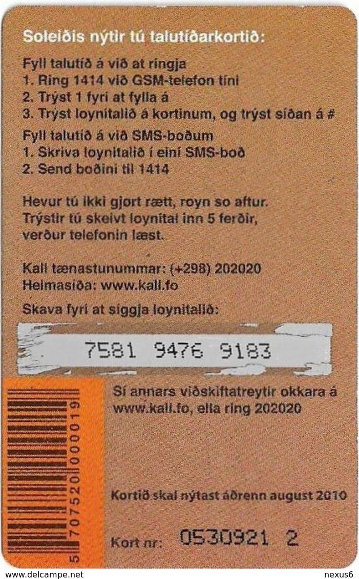 Faroe - Kall Frælsi, 50Kr. GSM Refill, Exp.08.2010, Used - Faroe Islands