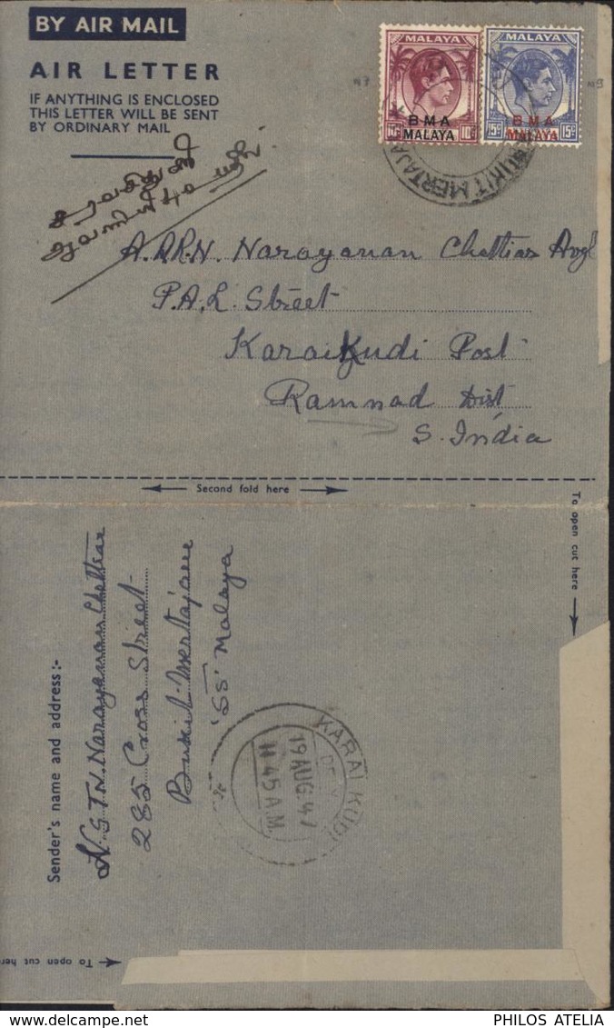 YT 7 Et 9 Straits Settlements Surcharge BMA Malaya By Air Mail Air Letter CAD Bukit Mertajane Arrivée Karaikudi 19 Au 47 - Malaya (British Military Administration)