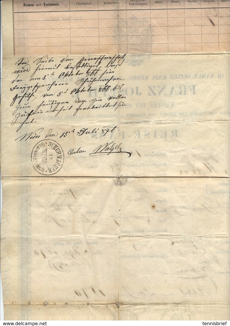 1870 , Cpl. Reise-Pass Österreich -Kaiser Franz Joseph , Von   Taus  -für Das Inland ! - Historische Dokumente