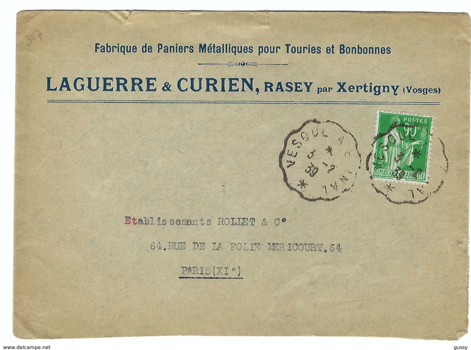 FRANCE 1939: Lettre De Xertigny (Vosges) Pour Paris,  Du 3-2-39 Avec Le Y&T 90c - Covers & Documents