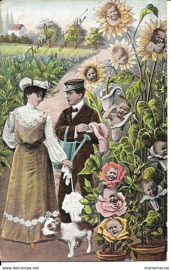 BEBES MULTIPLES - Pots De Fleurs Avec Des Visages - Femme Avec Ombrelle - Homme Avec Arrosoir - Chien - Bébés