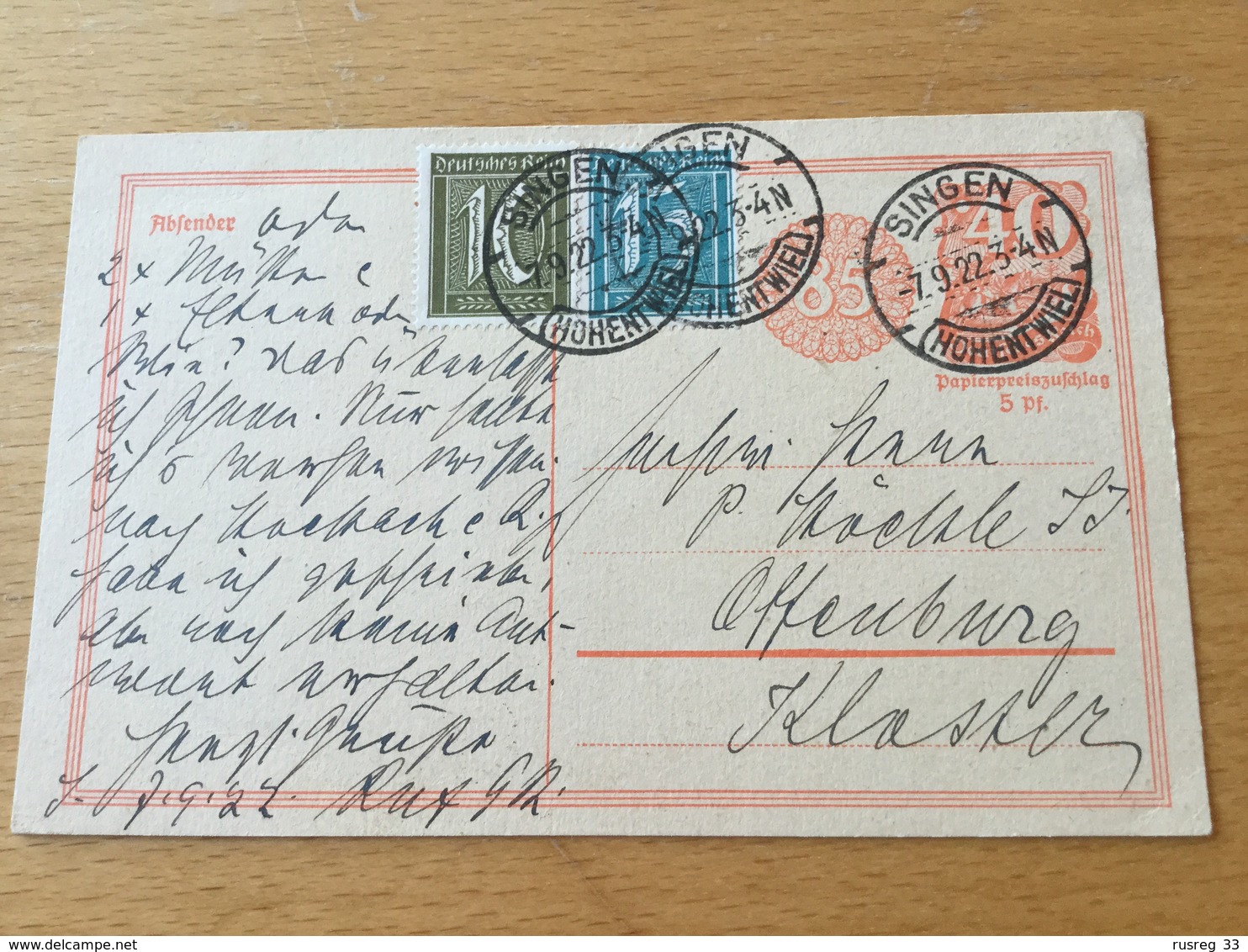 SCHW665 Deutsches Reich Ganzsache Stationery Entier Postal P 153I Von Singen Nach Offenburg - Altri & Non Classificati