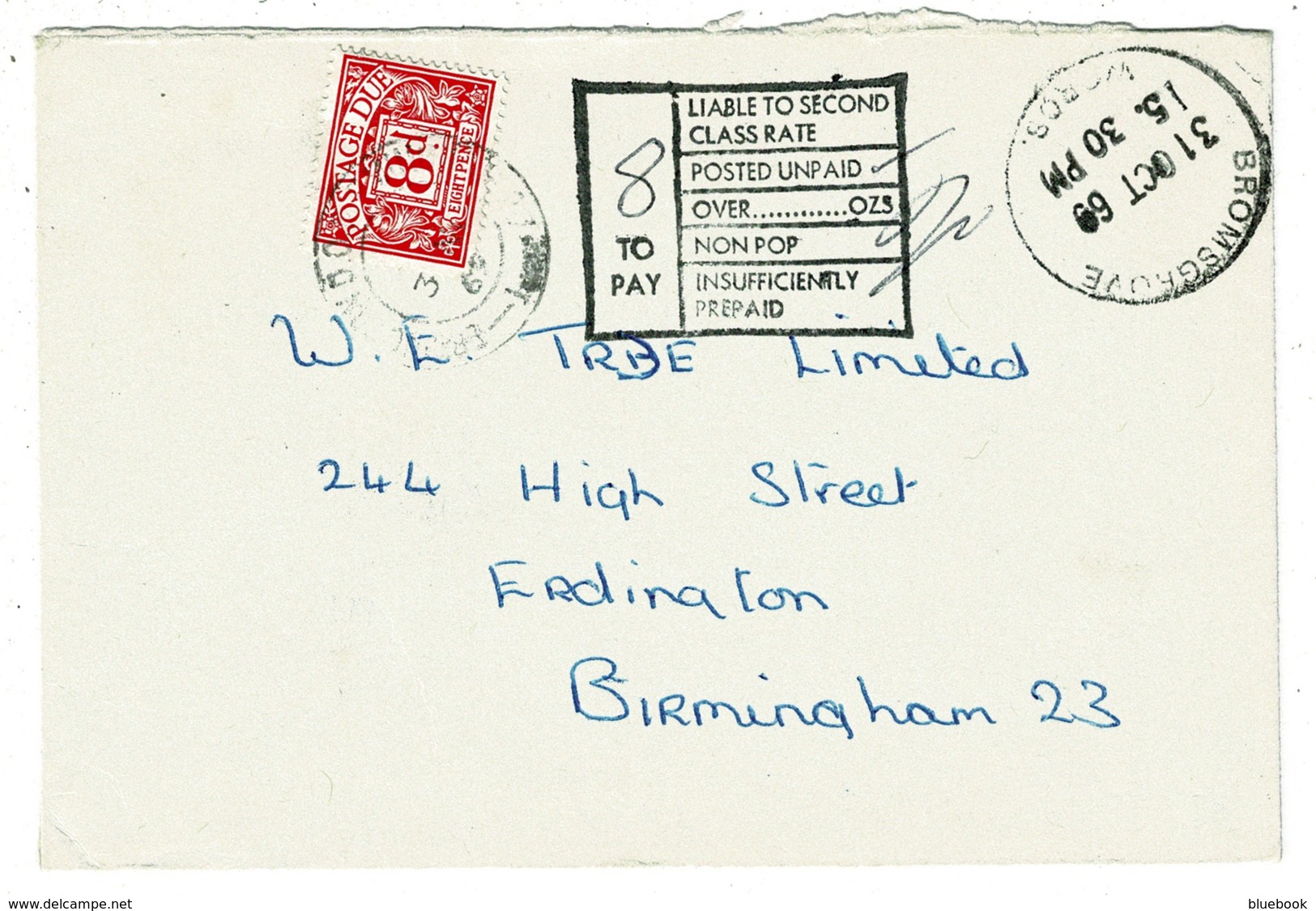 Ref 1333 - 1969 Postage Due Cover - Bromsgrove To Erdington Birmingham - 8d To Pay - Brieven En Documenten