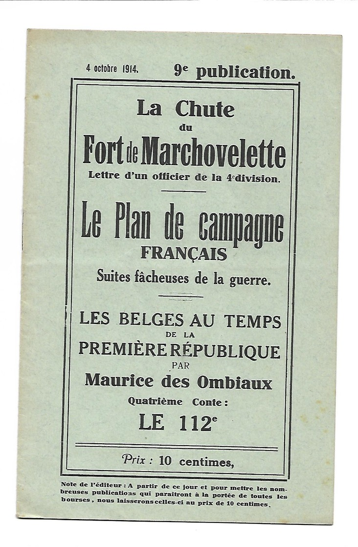 La Chute Du Fort De Marchovelette 4 Octobre 1914 16 Pages Tbe - Guerre 1914-18