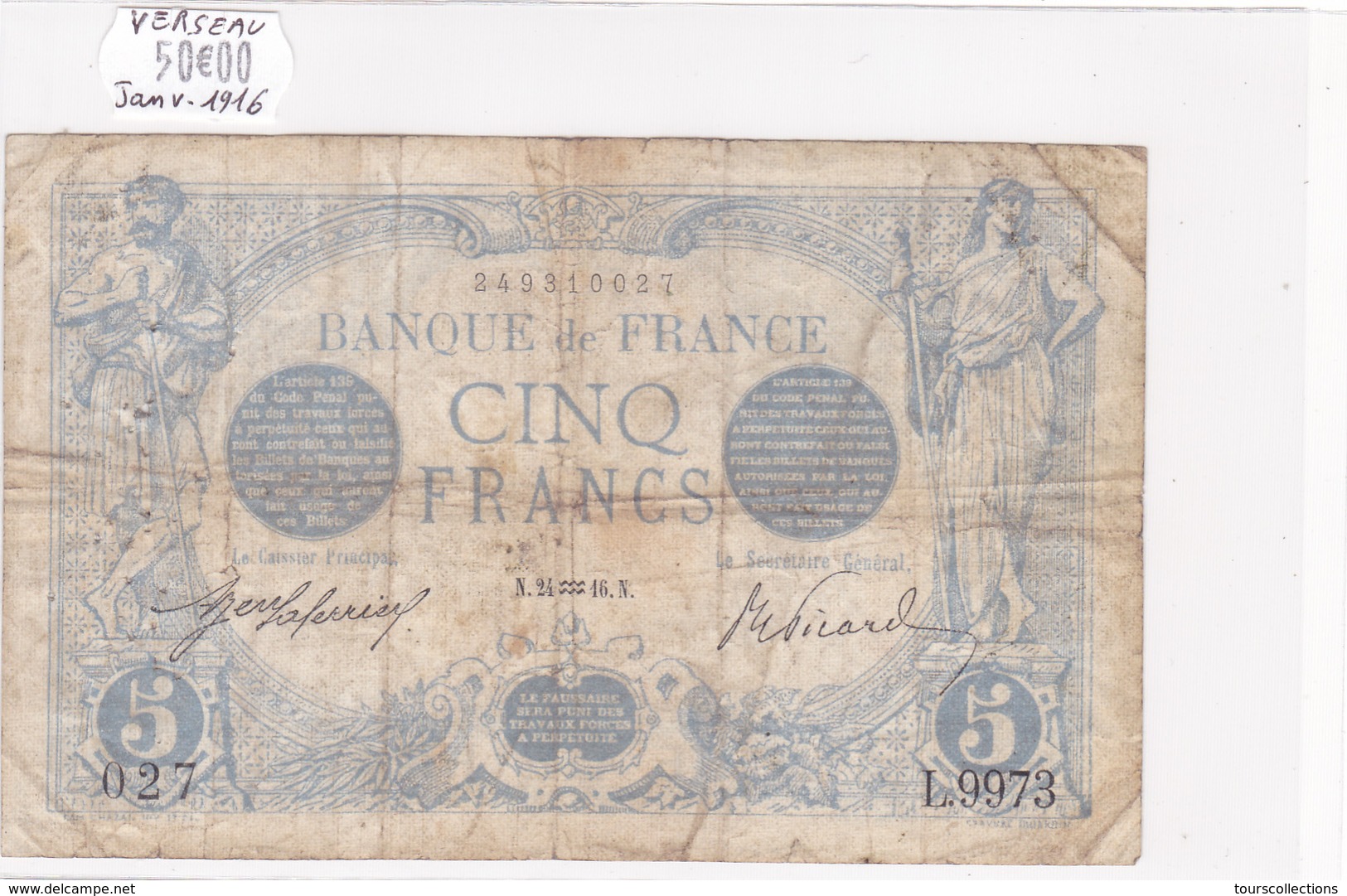 Billet De 5 Francs Bleu Du 24/01/1916 Verseau - L.9973 Alph 027 @ N° Fayette : 2.35 - 5 F 1912-1917 ''Bleu''