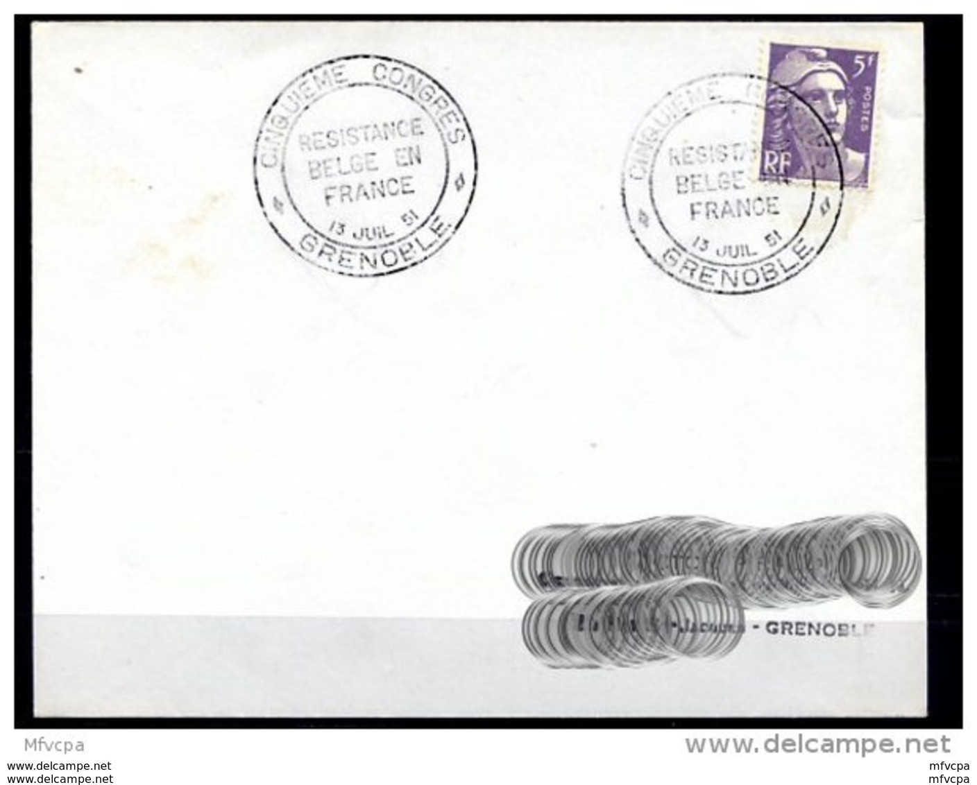 Lil3C43 Grenoble Cachet Comm GF Cinquième Congrès Résistance Belge En France 13 Juillet 1951 - Cachets Commémoratifs