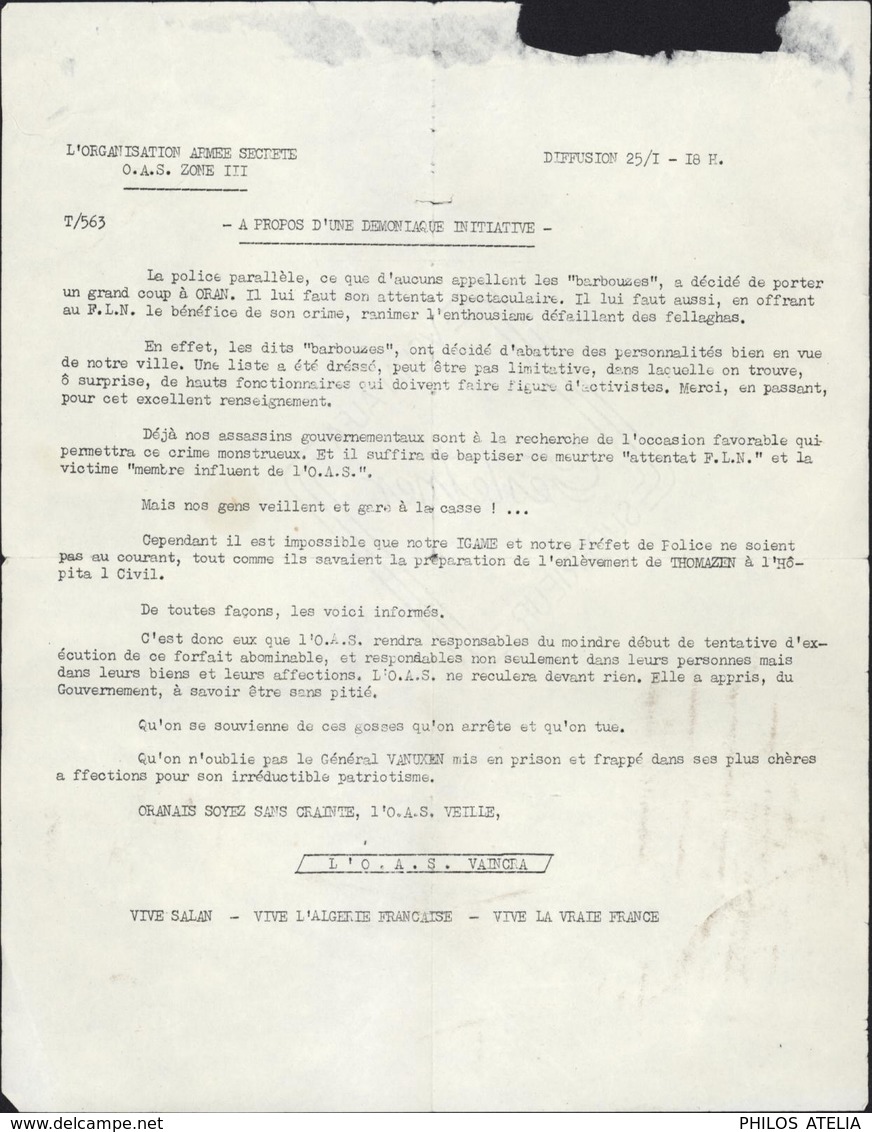 OAS Organisation Armée Secrète Tract Guerre D'Algérie Zone III T563 Barbouze Police Parralèle Diffusion 2511 Vive Salan - Documents Historiques