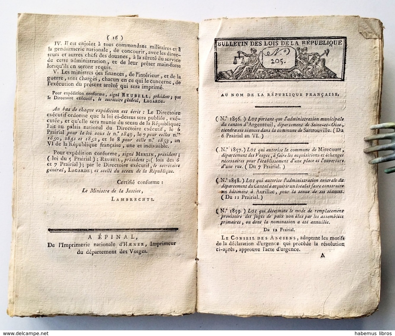 Bulletin Des Lois De La République An VI, 2ème Série, Tome 6, Epinal, Haener - Recht