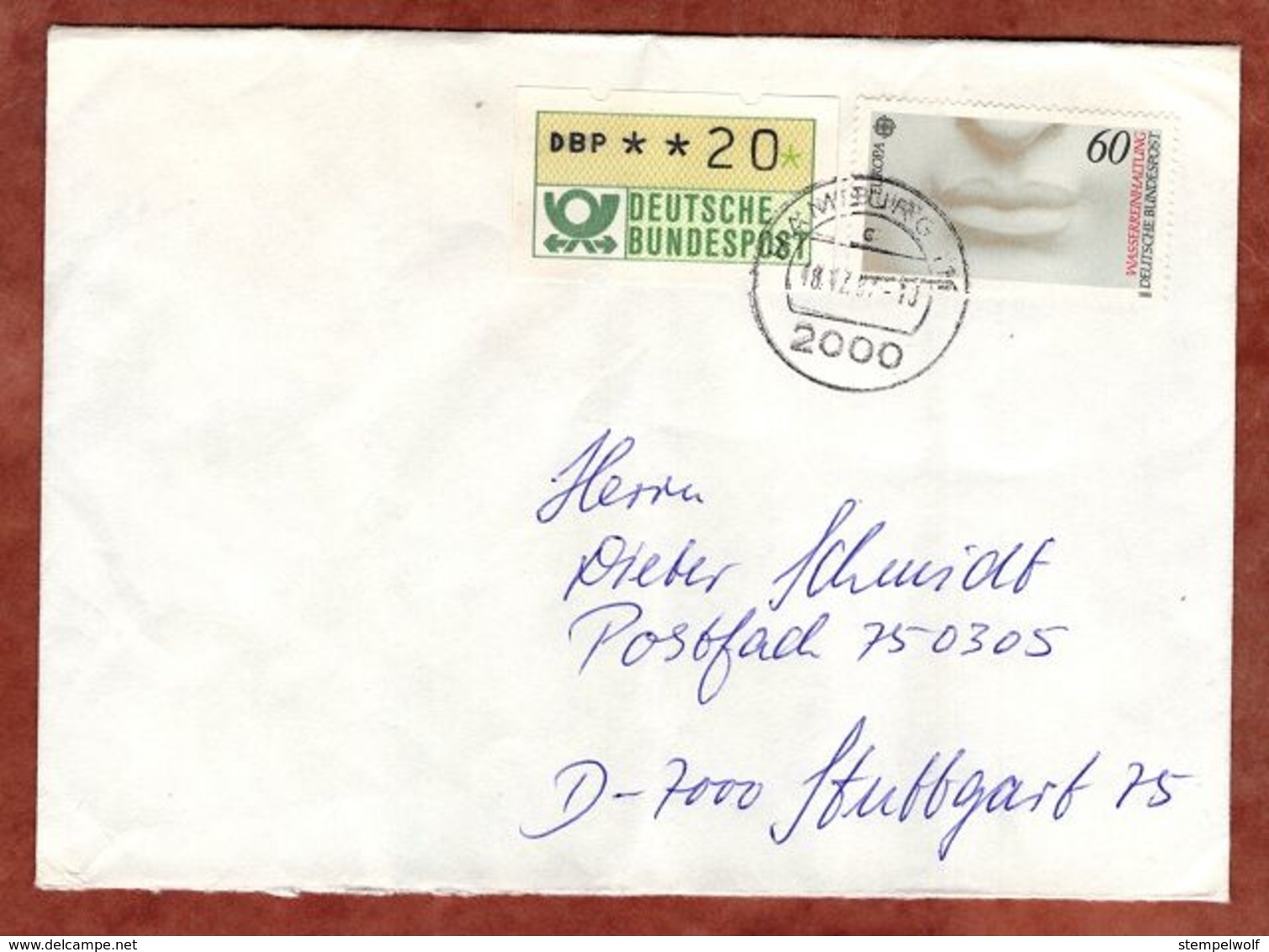 Brief, Vignette Quittungsmarke Seenotkreuzer, Europa Mund, Automatenmarke, Hamburg Nach Stuttgart 1987 (90603) - Vignetten (Erinnophilie)