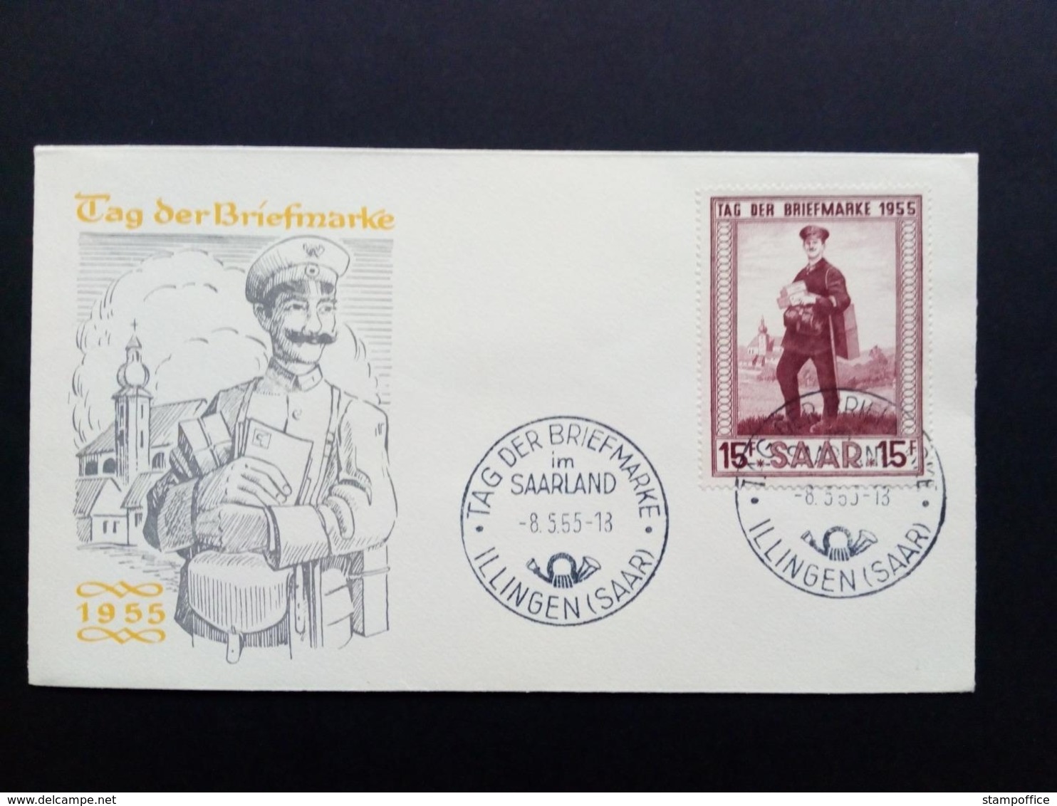 SAARGEBIET MI-NR. 361 FDC TAG DER BRIEFMARKE 1955 LANDBRIEFTRÄGER KIRCHE - Briefe U. Dokumente