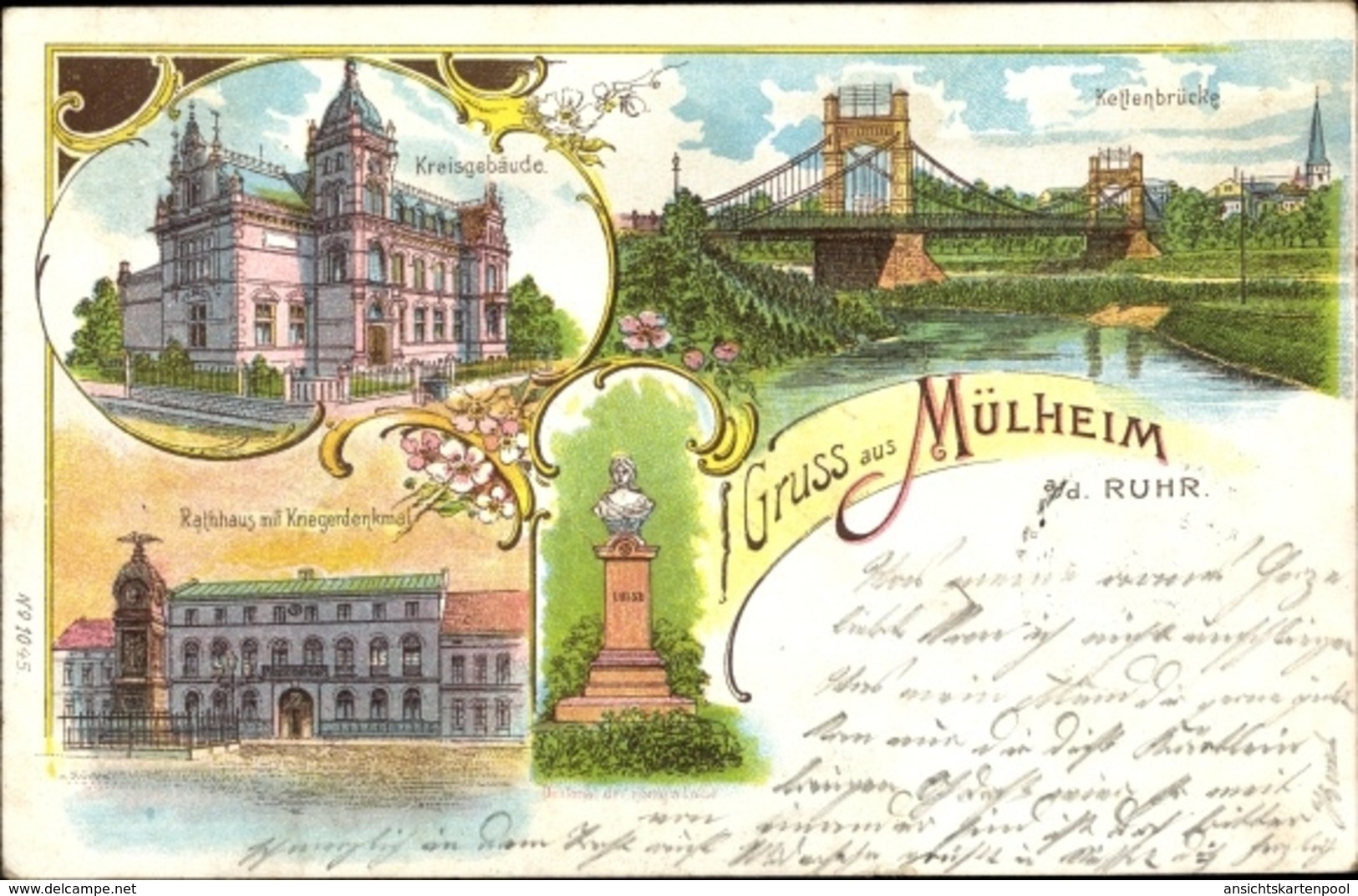 Lithographie Mülheim An Der Ruhr, Kreisgebäude, Rathaus, Kriegerdenkmal, Kettenbrücke, Denkmal - Autres & Non Classés