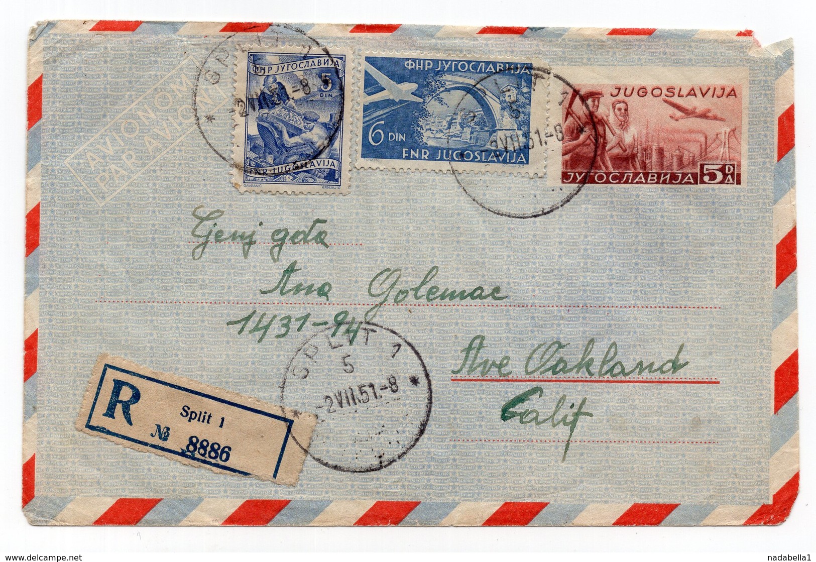 1951 YUGOSLAVIA, CROATIA, SPLIT TO USA, REGISTERED AIR MAIL COVER - Covers & Documents