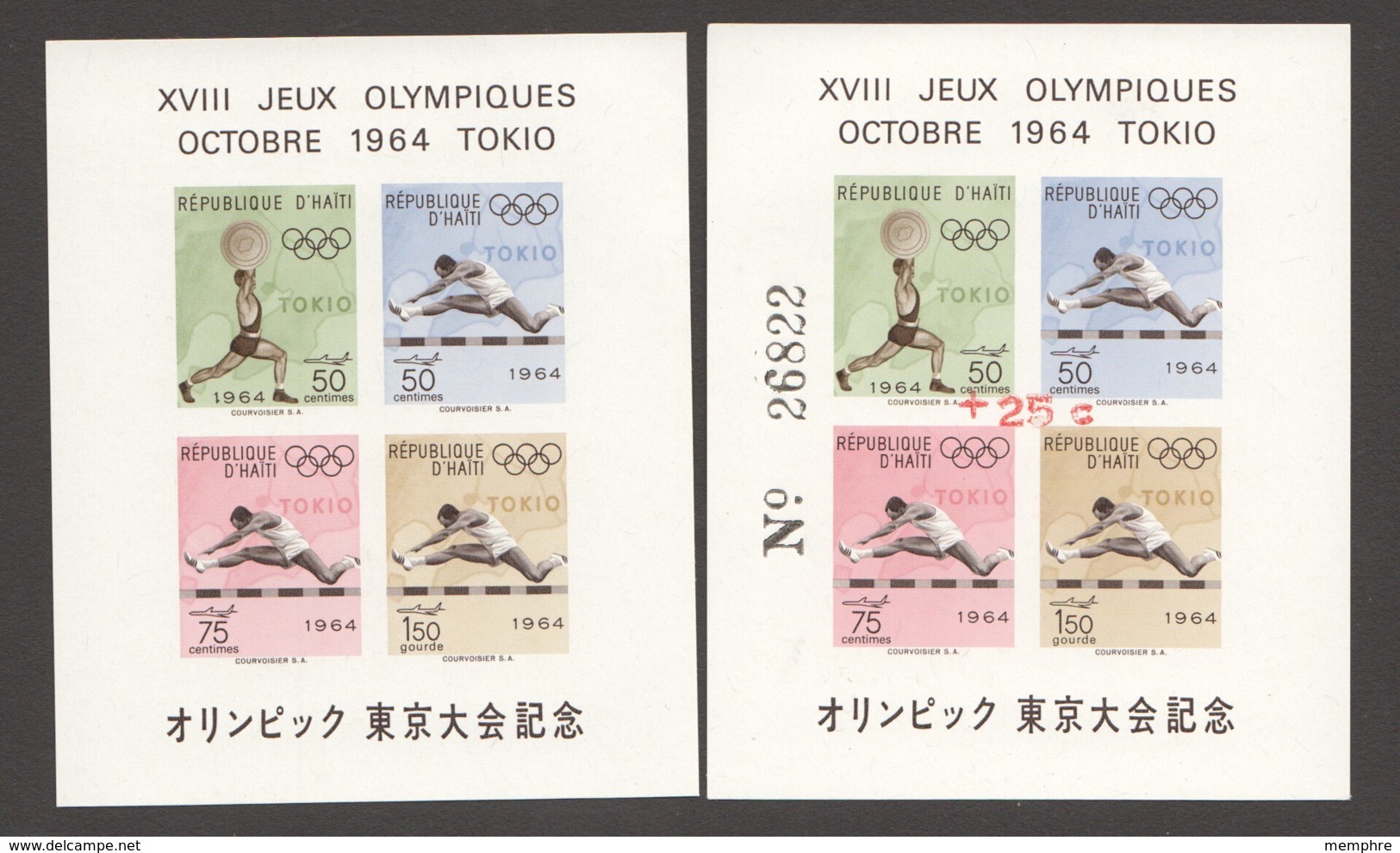 1964  Jeux Olympiques De Tokio Blocs Feuillets Normal Et Surchargé +25c (en Rouge, Sans Point Après C) ** - Haití