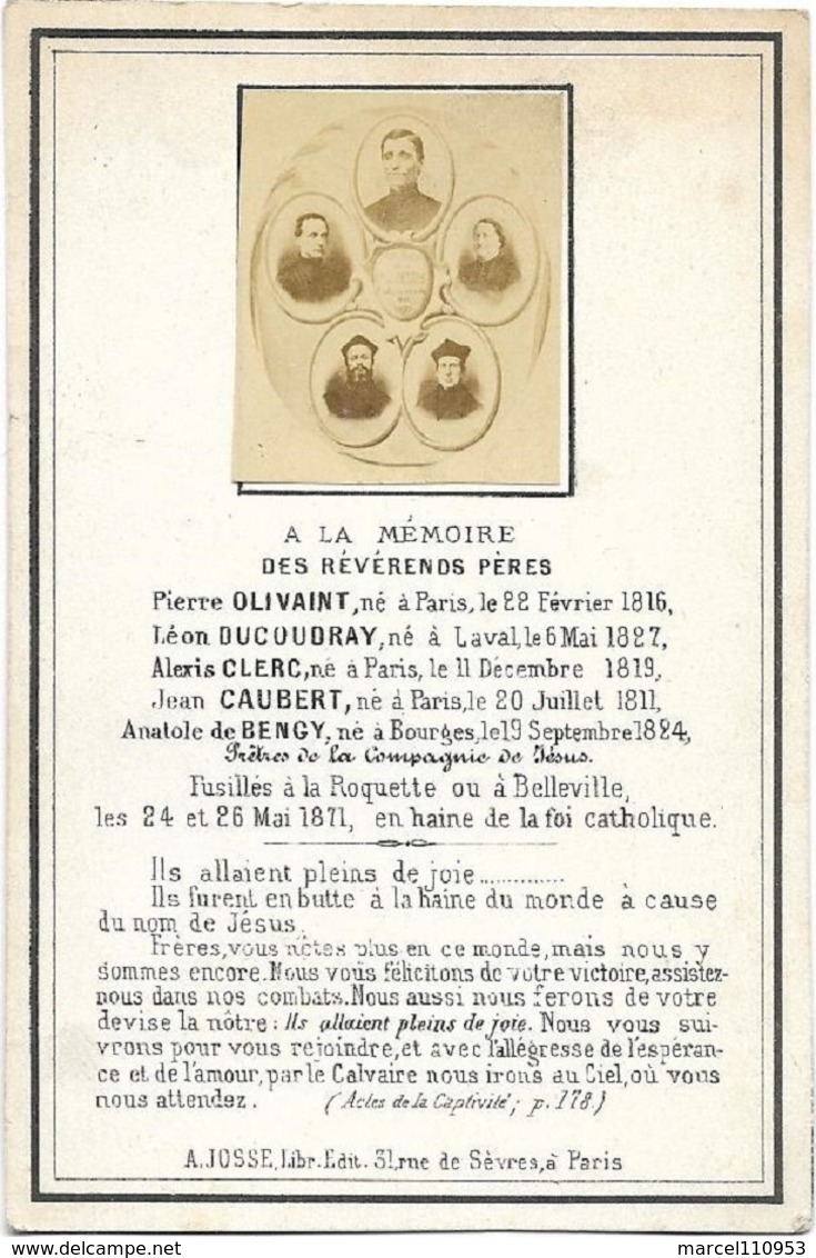 5 Prêtres Fusilliés  En 1871 Lors De La Commune De Paris ( Olivaint-Ducoudray-Clerc-Caubert-de Bengy ) - Décès