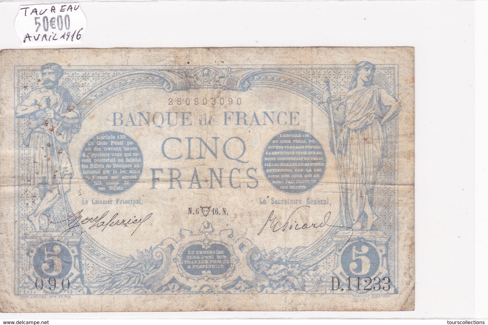 Billet De 5 Francs Bleu Du 06/04/1916 Taureau - D.11233 Alph 090 @ N° Fayette : 2.38 - 5 F 1912-1917 ''Bleu''