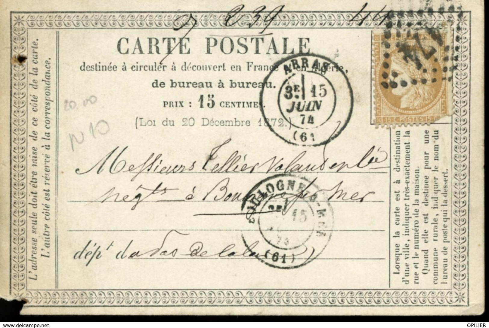 Carte Storch-Sinais N°10 Tarif 15c PAS DE CALAIS ARRAS 15 Juin 1874 Type 17 + GC 174 Trous D'archivage + Défaut - Cartes Précurseurs