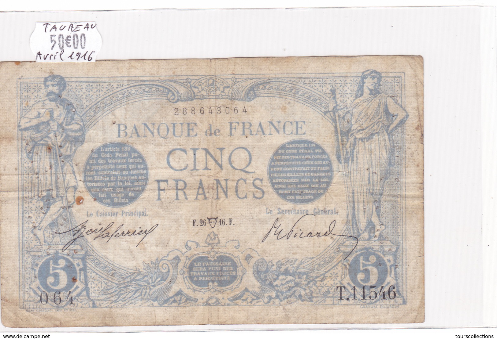 Billet De 5 Francs Bleu Du 26/04/1916 Taureau - T.11546 Alph 064 @ N° Fayette : 2.38 - 5 F 1912-1917 ''Bleu''