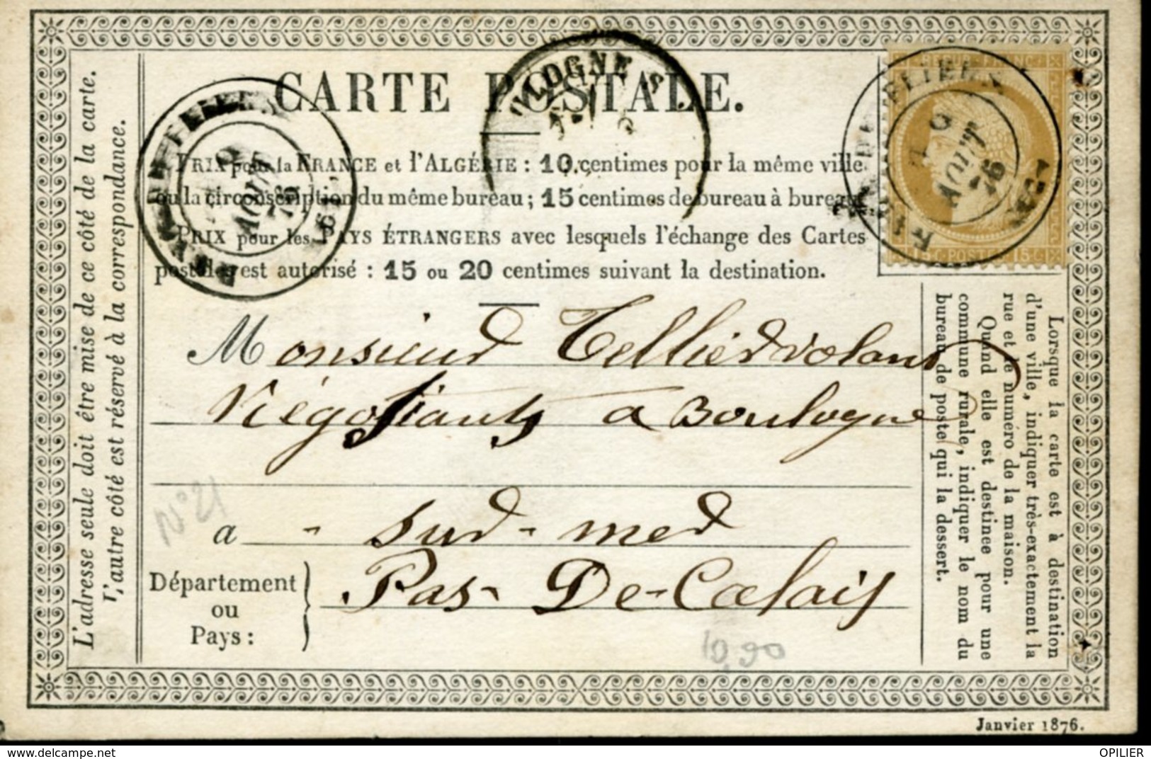 Carte Storch-Sinais N°21 Tarif 15c PAS DE CALAIS RANG DU FLIERS 9 Août 76 Type 17 Trous D'archivage - Cartes Précurseurs