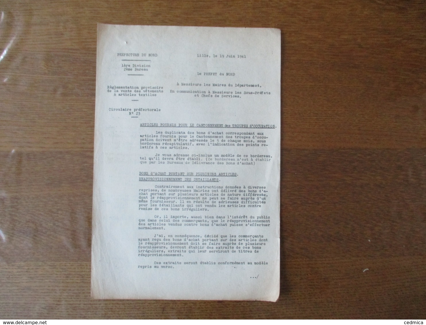 LILLE LE 19 JUIN 1941 LE PREFET DU NORD CIRCULAIRE REGLEMENTATION PROVISOIRE DE LA VENTE DES VÊTEMENTS & ARTICLES TEXTIL - Documents Historiques