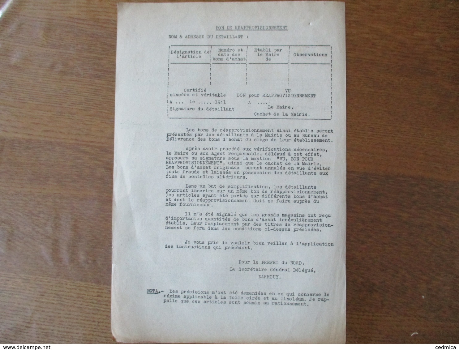 LILLE LE 19 JUIN 1941 LE PREFET DU NORD CIRCULAIRE REGLEMENTATION PROVISOIRE DE LA VENTE DES VÊTEMENTS & ARTICLES TEXTIL - Documents Historiques