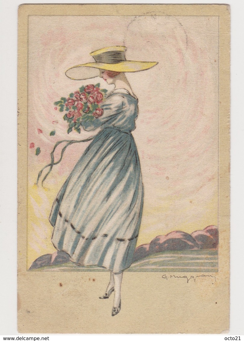 Cpa Fantaisie Dessinée Et Signée ( ? )/ Jeune Femme Au Chapeau Avec Bouquet De Fleurs - Autres & Non Classés