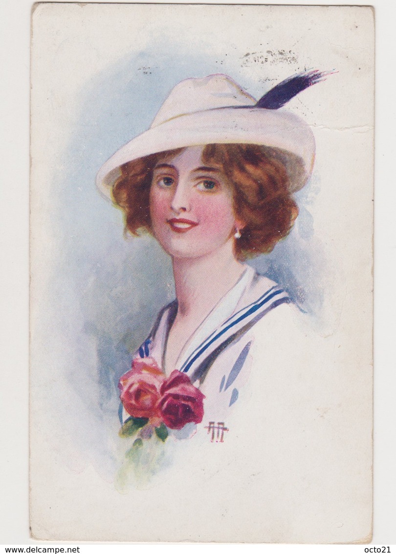 Cpa Fantaisie Dessinée Et Signée ( ? )/ Jeune Femme Au Chapeau Avec 2 Roses Au Corsage - Autres & Non Classés