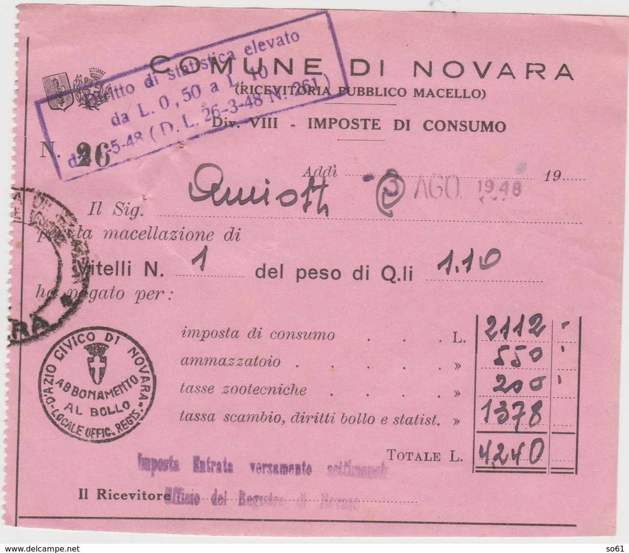 8809.   Comune Di Novara - Ricevuta Pubblico Macello - Imposte Di Consumo - 1948 - Italia