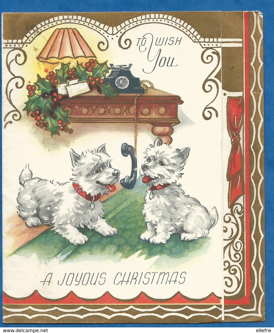 Carte Double Vintage A Joyous Christmas  Chien Type Petit Terrier Telephone - écrite Format Pliée 12/14 Cm - Other & Unclassified