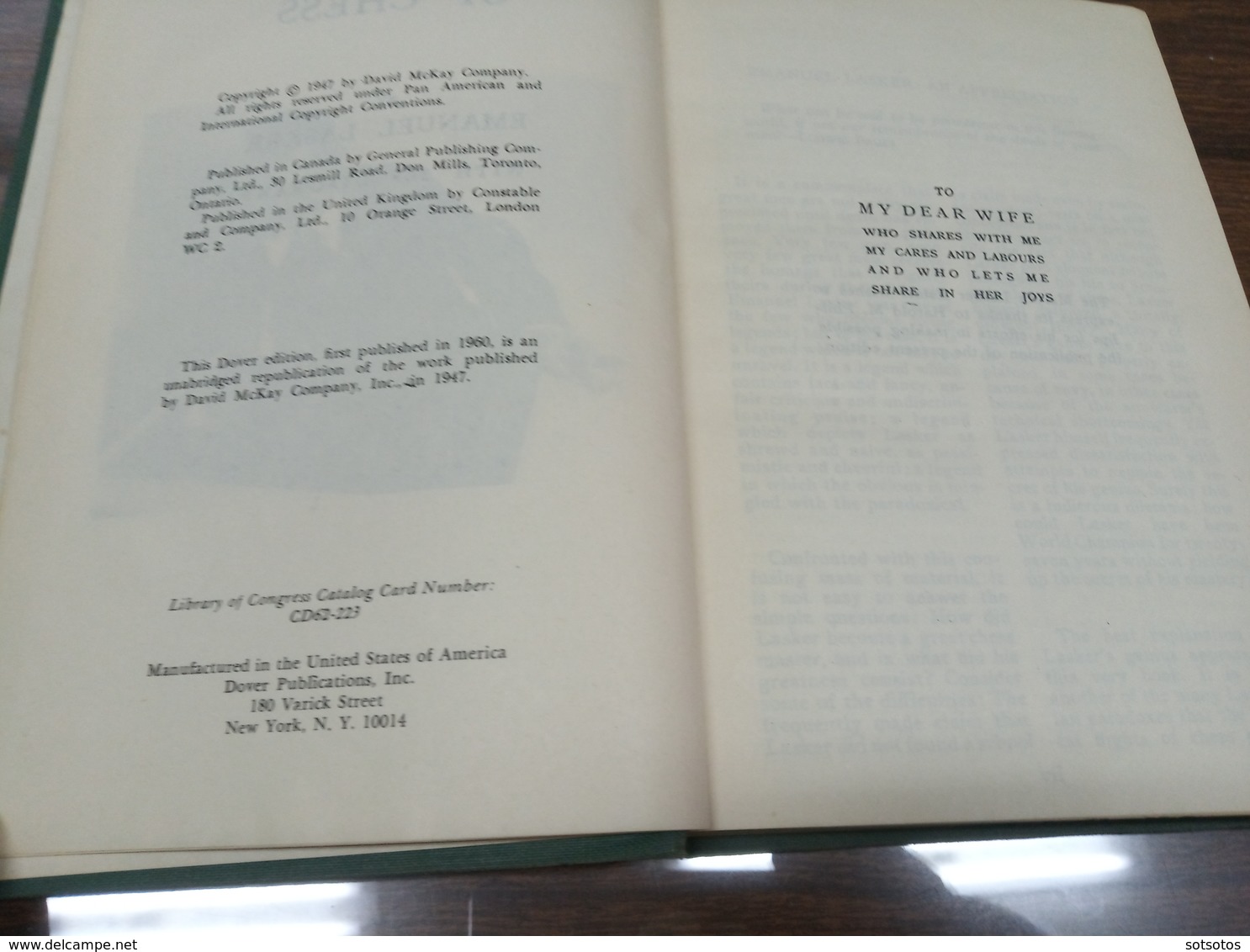 Lasker's Manual Of Chess, Emanuel Lasker, Dover Publications N.Y.. 1960 - 374 Pages (19x13,5 Cm) - In Good Condition - Autres & Non Classés