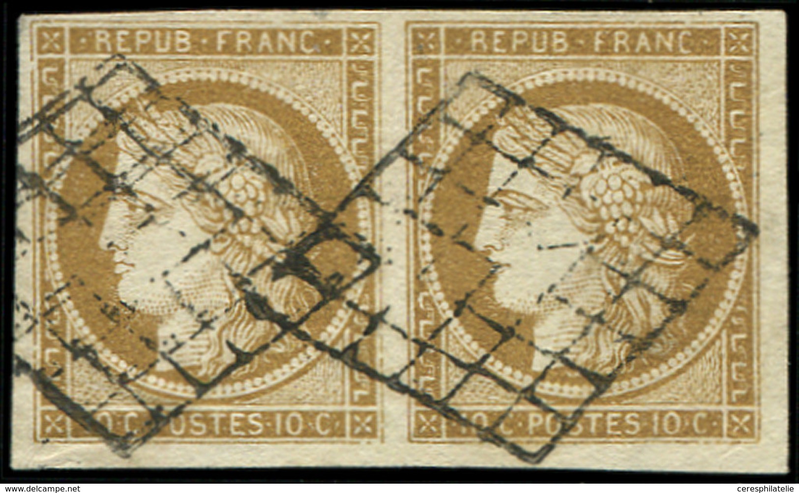 EMISSION DE 1849 - 1b   10c. Bistre-VERDATRE, PAIRE Oblitérée GRILLE, TB. C - 1849-1850 Ceres