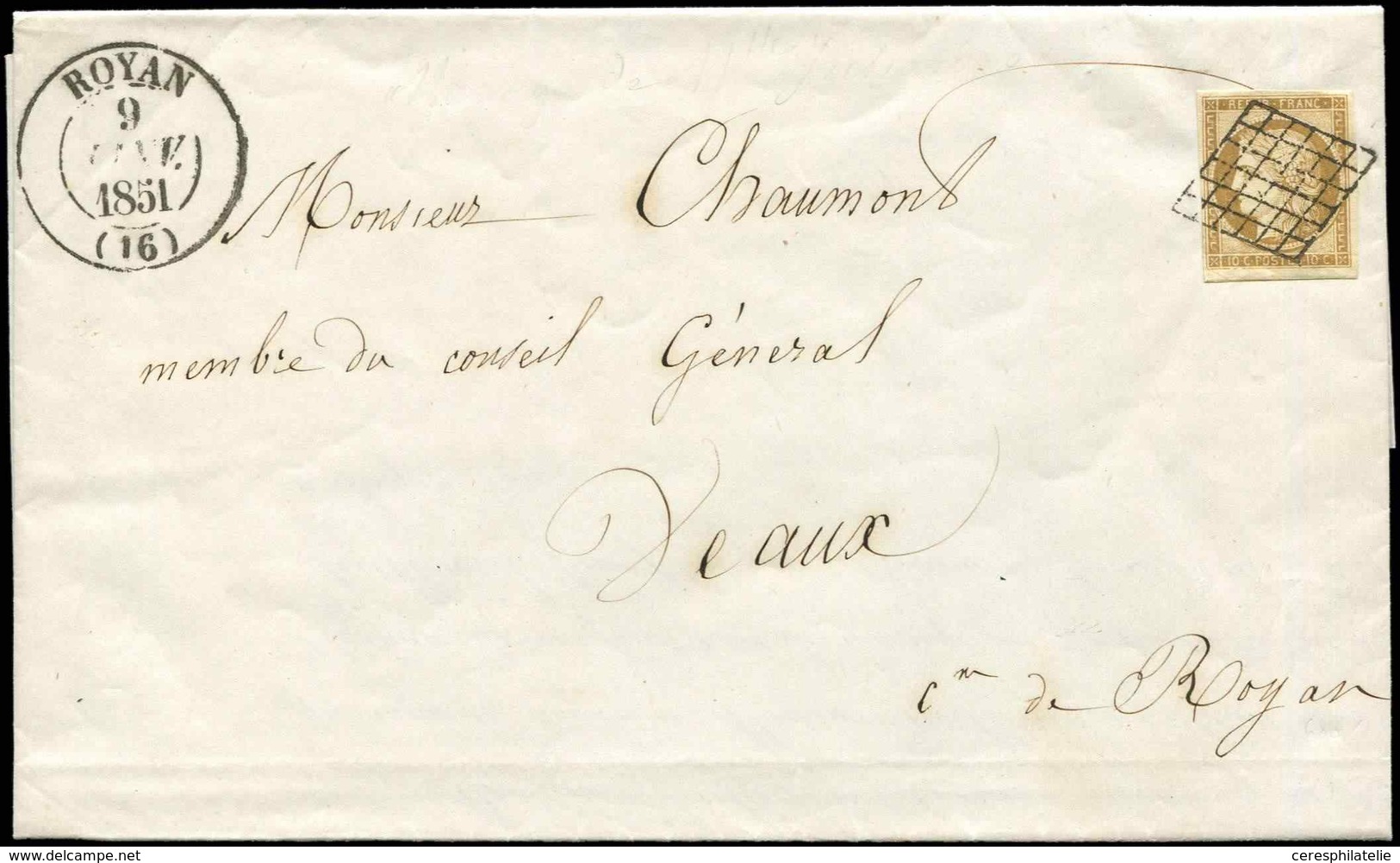 Let EMISSION DE 1849 - 1    10c. Bistre-jaune, Obl. GRILLE S. Faire-part, Càd T13 ROYAN 9/1/51, Superbe - 1849-1850 Cérès
