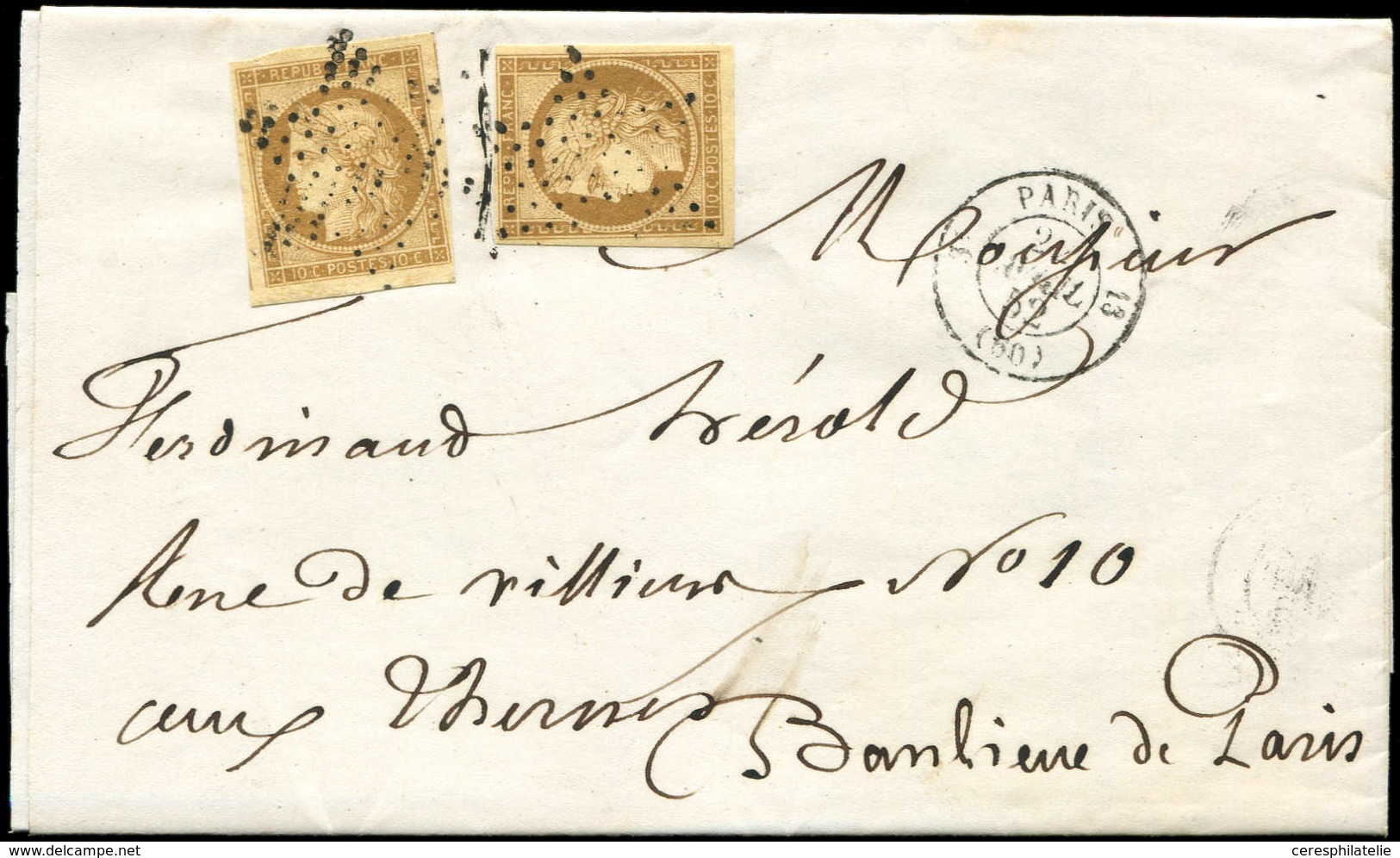 Let EMISSION DE 1849 - 1    10c. Bistre-jaune, 2 Ex. Obl. ETOILE S. Faire-part, Càd 3e PARIS 13 21/4/52, Arr. LES TERNES - 1849-1850 Cérès