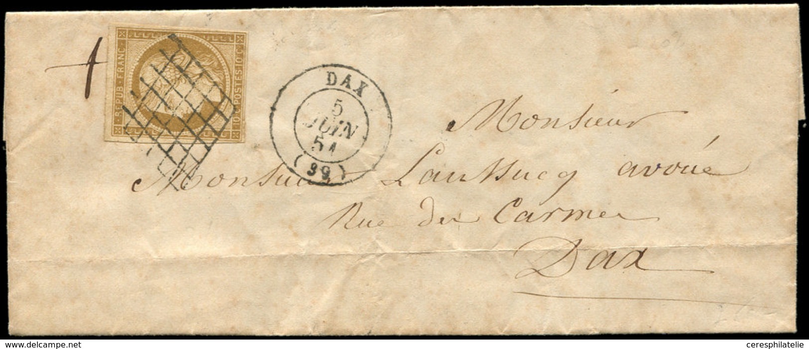 Let EMISSION DE 1849 - 1b   10c. Bistre-VERDATRE, Obl. GRILLE S. LAC, Càd T15 DAX 5/6/51, TTB - 1849-1850 Ceres