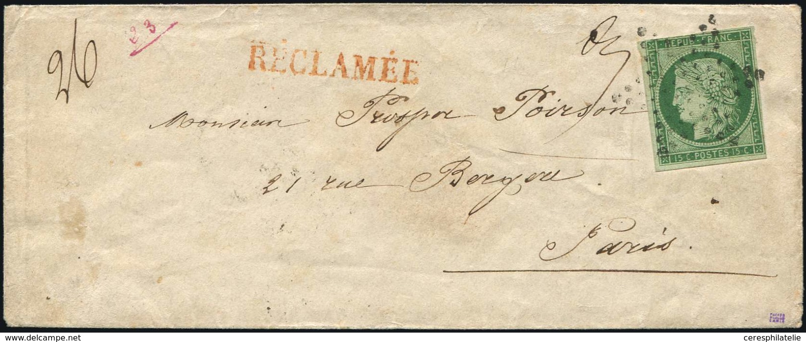 Let EMISSION DE 1849 - 2    15c. Vert, Le Long Du Filet S. 2 Mm, Obl. ETOILE S. Env. Avec Griffe RECLAMEE En Rouge, RR,  - 1849-1850 Ceres