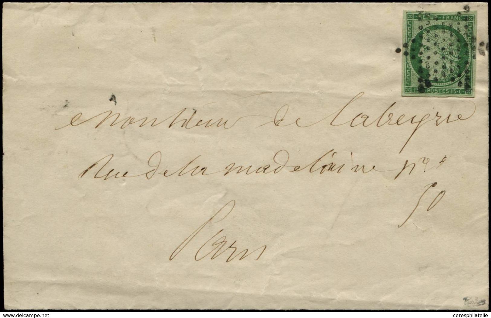 Let EMISSION DE 1849 - 2    15c. Vert, Oblitéré ETOILE S. LAC, Au Verso Càd PARIS 25/12/52, TTB. C - 1849-1850 Cérès