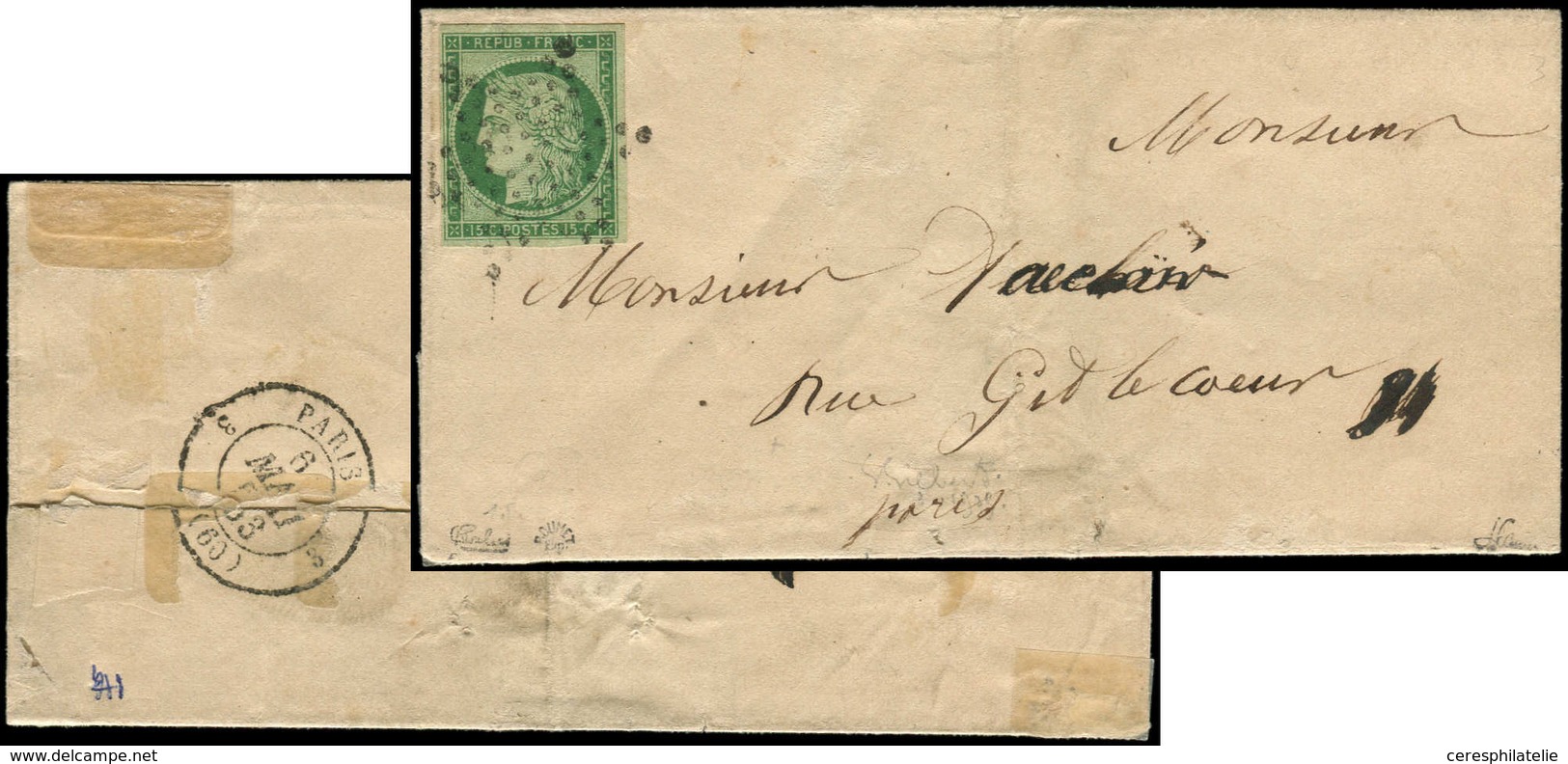 Let EMISSION DE 1849 - 2    15c. Vert, Obl. ETOILE S. LSC, Au Verso Càd PARIS 6/5/53, TB. C - 1849-1850 Cérès