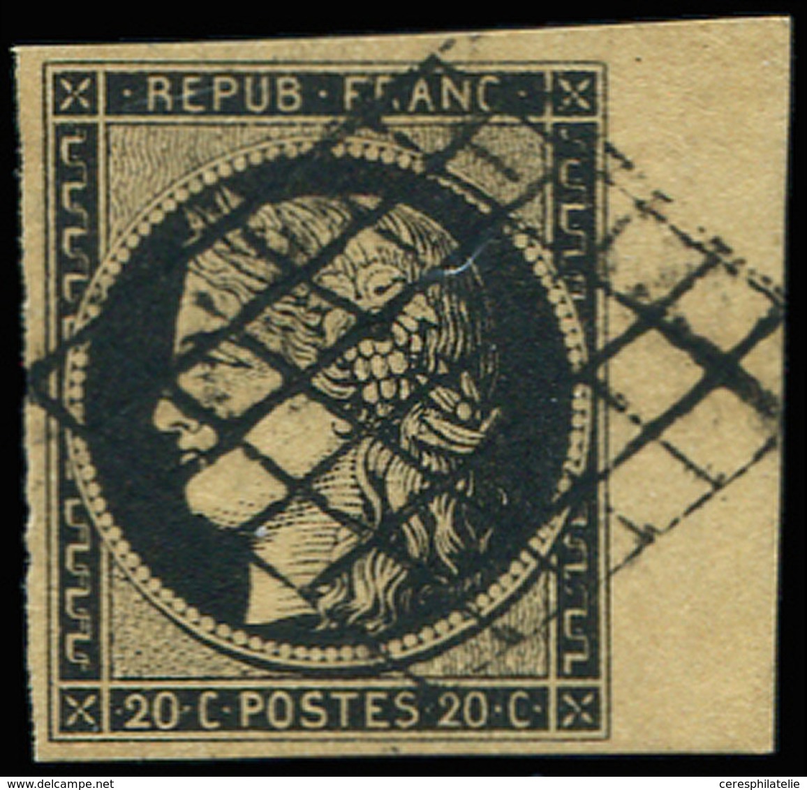 EMISSION DE 1849 - 3b   20c. Noir Sur CHAMOIS, Bdf, Obl. GRILLE, TTB - 1849-1850 Ceres