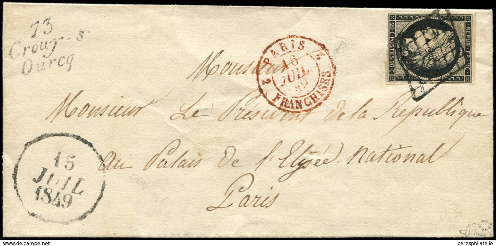 Let EMISSION DE 1849 - 3    20c. Noir Sur Jaune, Obl. GRILLE S. LSC Adressée Au Président De La République, Dateur A 15/ - 1849-1850 Ceres