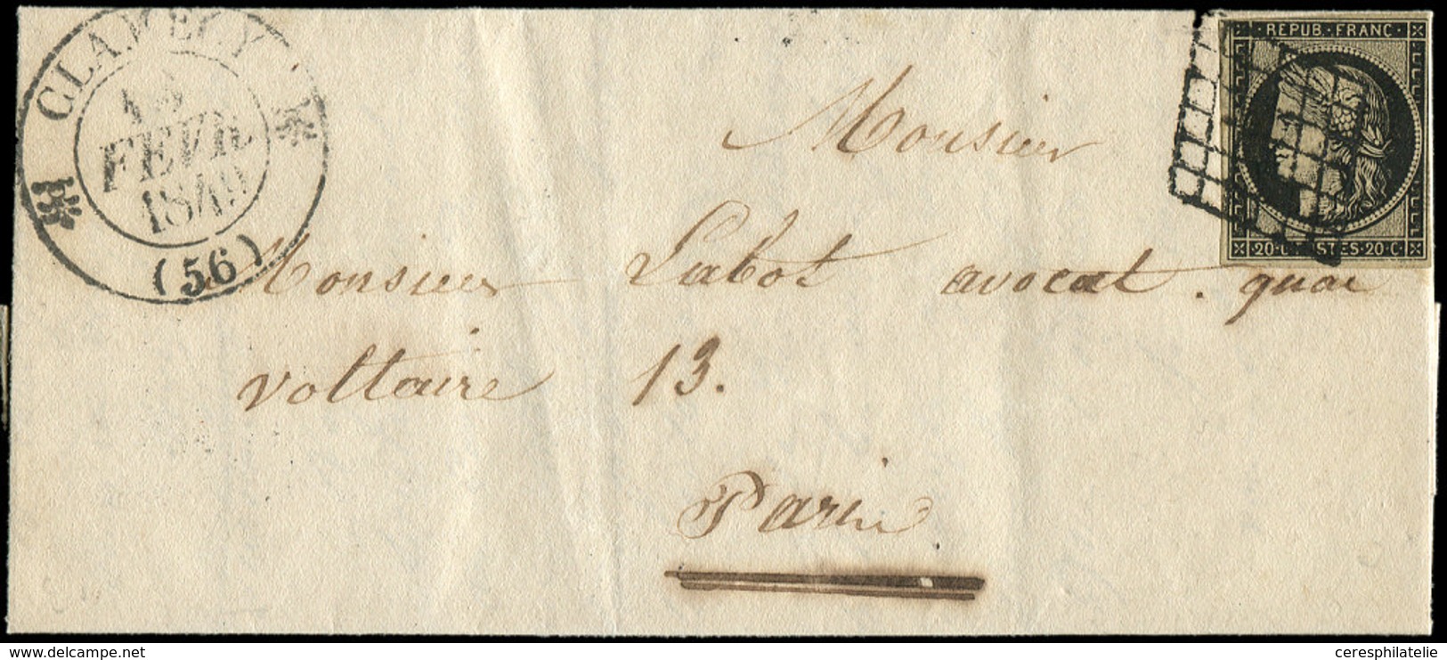 Let EMISSION DE 1849 - 3    20c. Noir Sur Jaune, Obl. GRILLE S. LAC, Càd T12 CLAMECY 13/2/49, TB - 1849-1850 Ceres