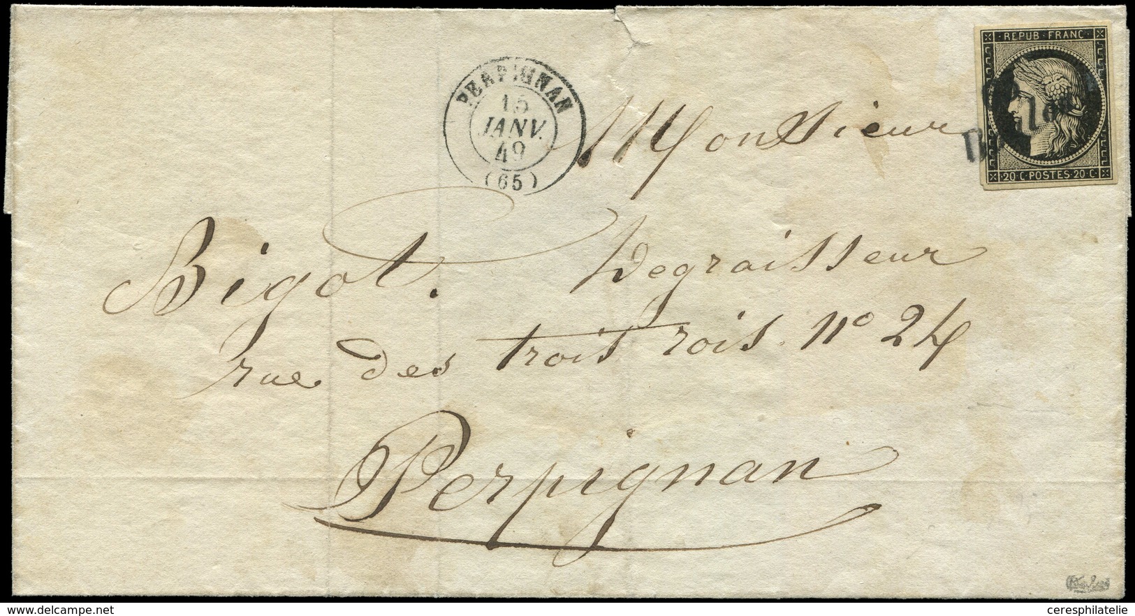 Let EMISSION DE 1849 - 3    20c. Noir Sur Jaune, Obl. Cursive 65/BOULOU S. LSC, Càd T15 PERPIGNAN 15 JANV 49, Grande Rar - 1849-1850 Cérès