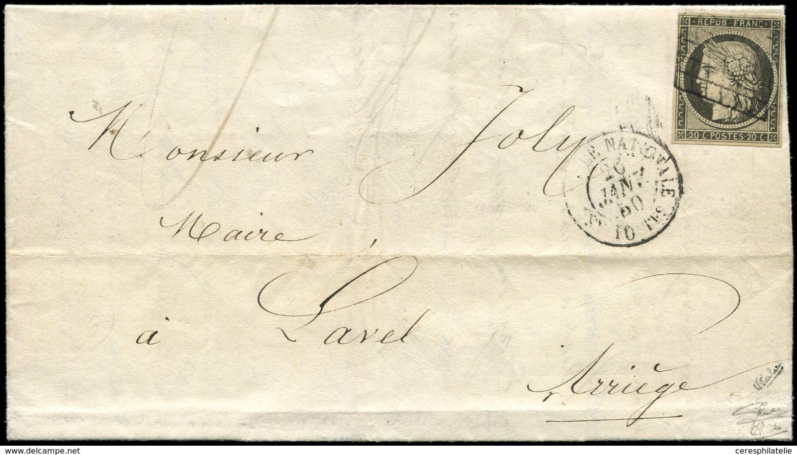 Let EMISSION DE 1849 - 3a   20c. Noir Sur Blanc, Obl. GRILLE S. LAC, Càd T15 ASSEMBLEE NATIONALE/POSTES 26/1/50, TB. C - 1849-1850 Ceres