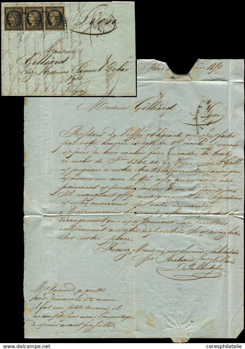Let EMISSION DE 1849 - 3b   20c. Noir Sur CHAMOIS, Nuance Foncée, BANDE De 3 Obl. GRILLE S. LAC, Càd PARIS 8/6/50, Lettr - 1849-1850 Ceres